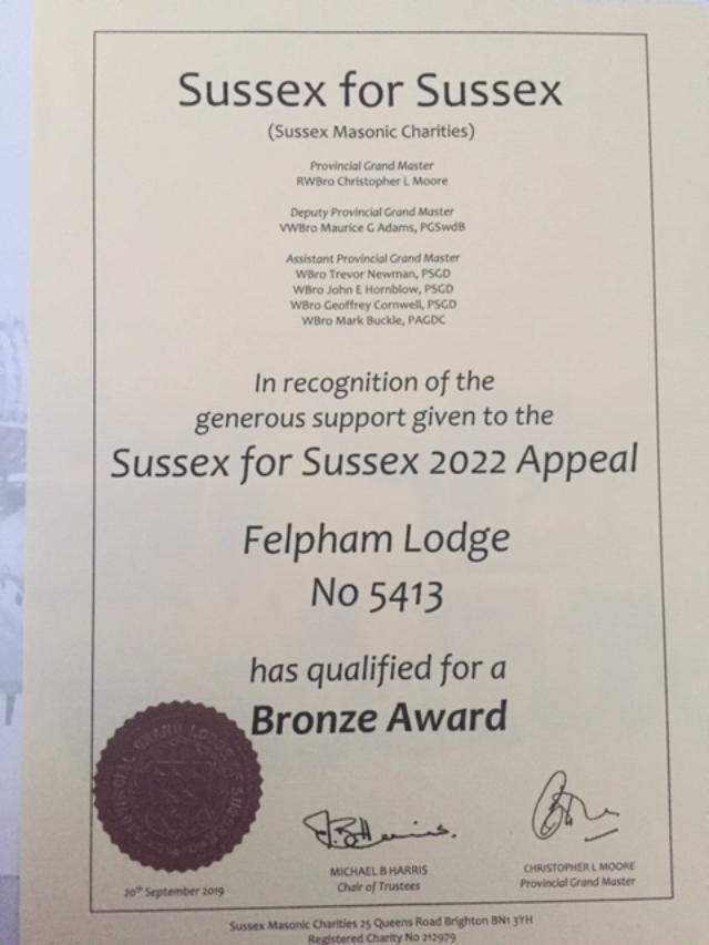 Sussex For Sussex Award – Felpham Lodge No. 5413